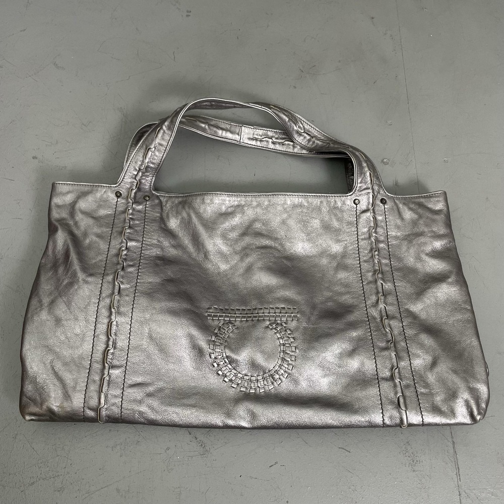 Salvatore Ferragamo Tote Bag Large Silver Leather Whipstitch Italy Gancini